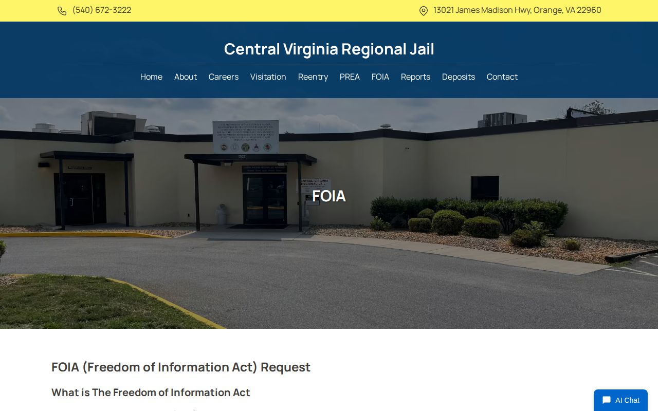 Central Virginia Regional Jail adult booking-record FOIA request page