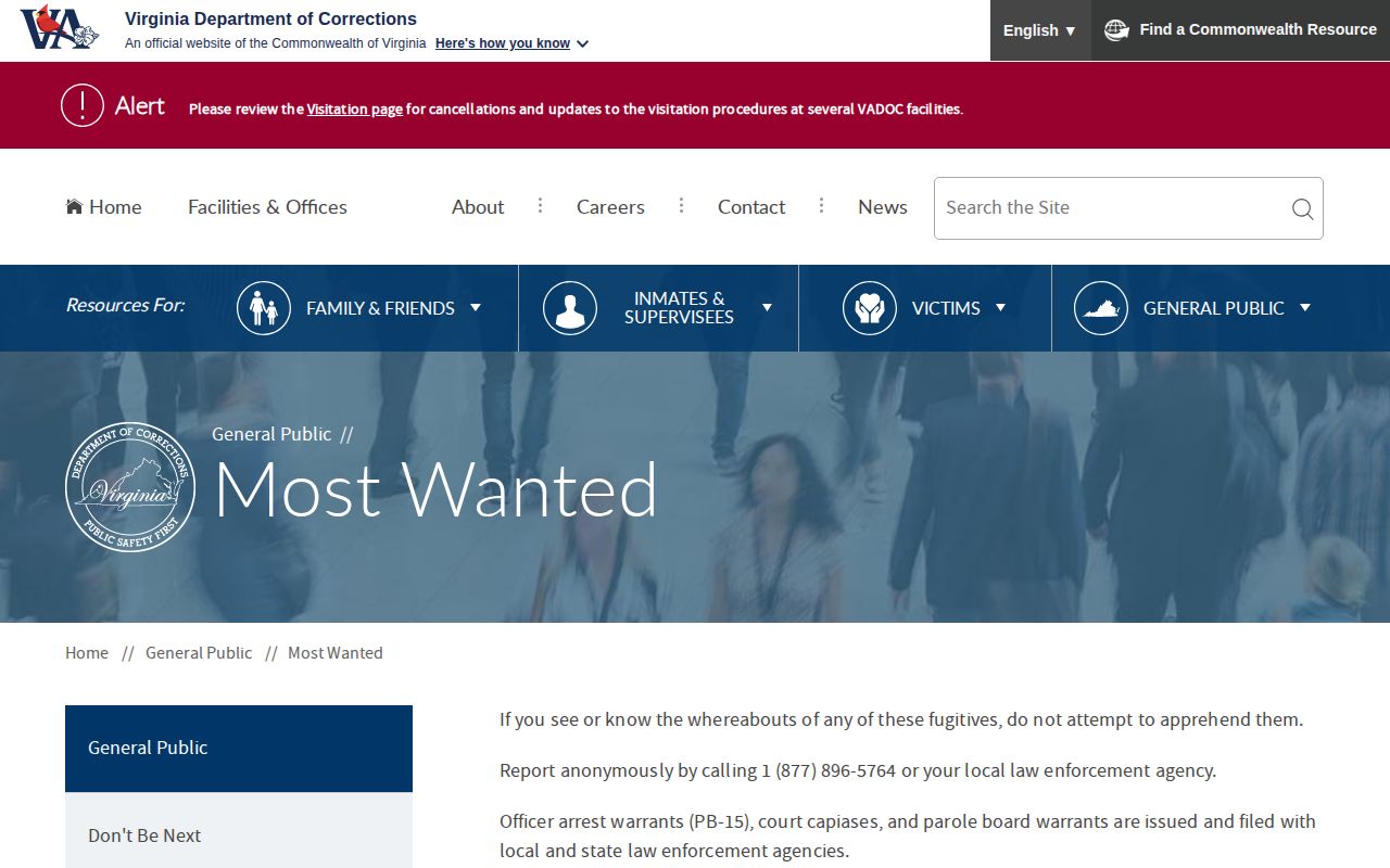 Virginia Department of Corrections statewide wanted-person resource for Madison County warrant context